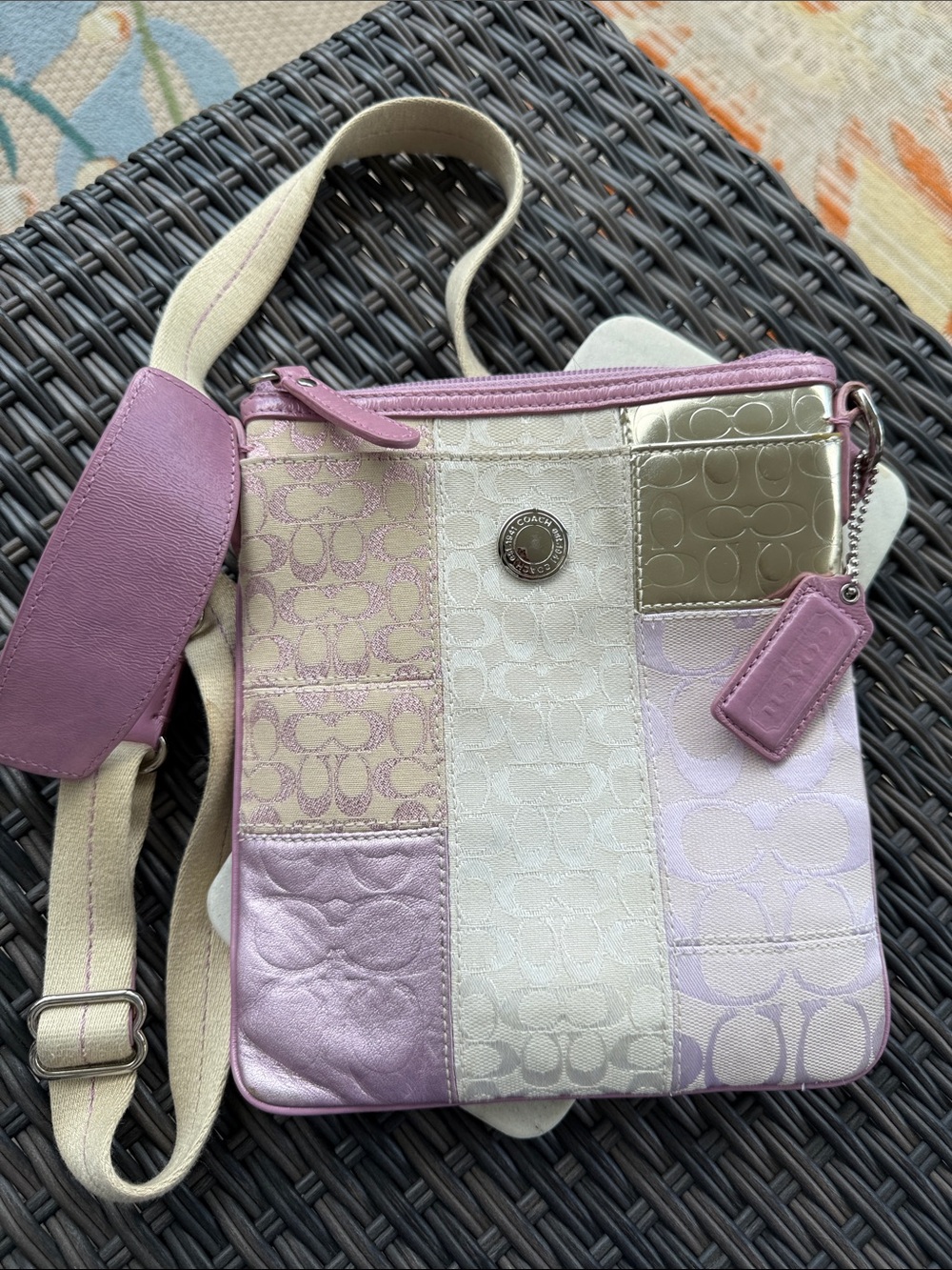 Coach pink/lavender/ metallic Patchwork Crossbody in